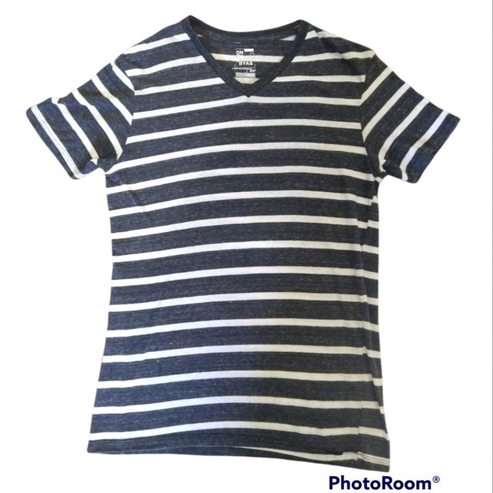 On The Byas Men's Black and White Striped Vneck T Shirt Size L